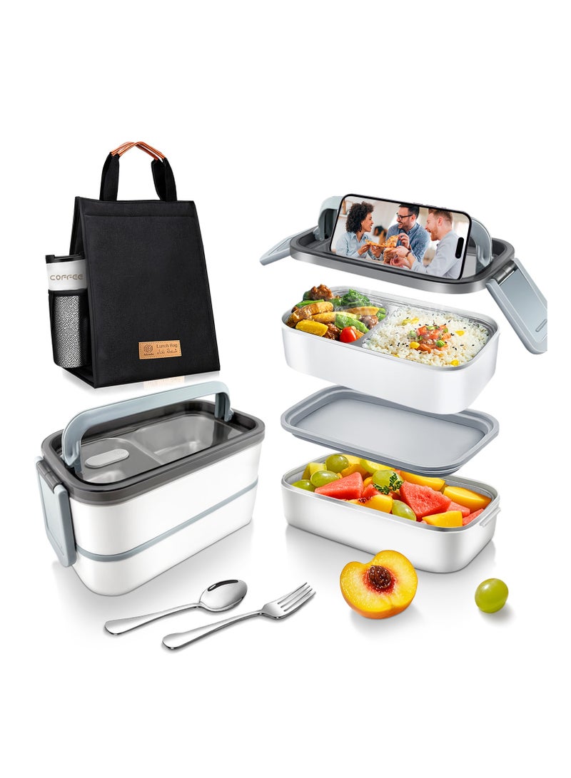 Adando Stainless Steel Lunch Box-1400ml Double Layer Microwave-Safe Bento Box- 304 Leakproof Tiffin box- Thermos Lunch Box Thermal Insulation Detachable- for Adults Students Office School- with Thermal Bag & Cutlery - Image 1