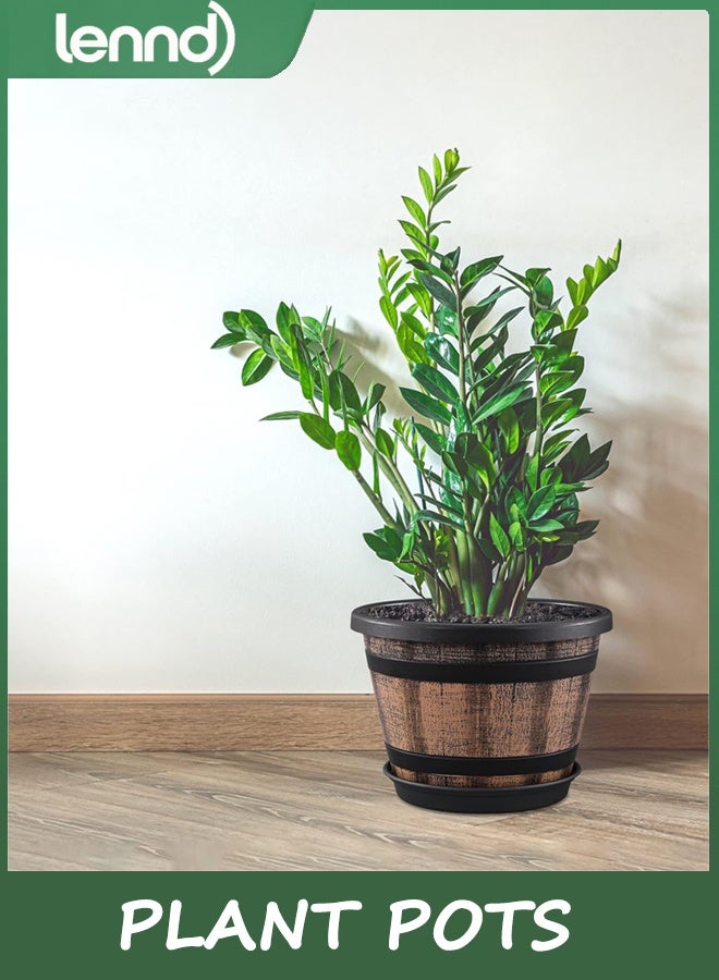 LENND 3 Pack 25.4CM Plant Pots,Whiskey Barrel Planters with Drainage Holes & Saucer, Plastic Decoration Flower Pots Imitation Wine Barrel Design, for Indoor & Outdoor Garden Home Plants (Brown) - Image 2