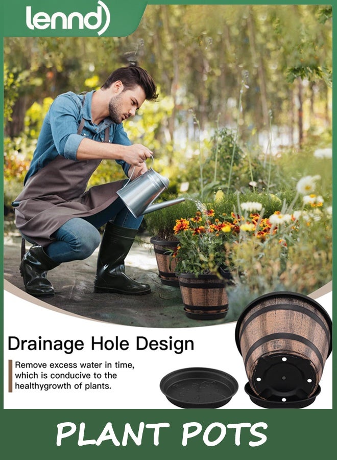 LENND 3 Pack 25.4CM Plant Pots,Whiskey Barrel Planters with Drainage Holes & Saucer, Plastic Decoration Flower Pots Imitation Wine Barrel Design, for Indoor & Outdoor Garden Home Plants (Brown) - Image 3