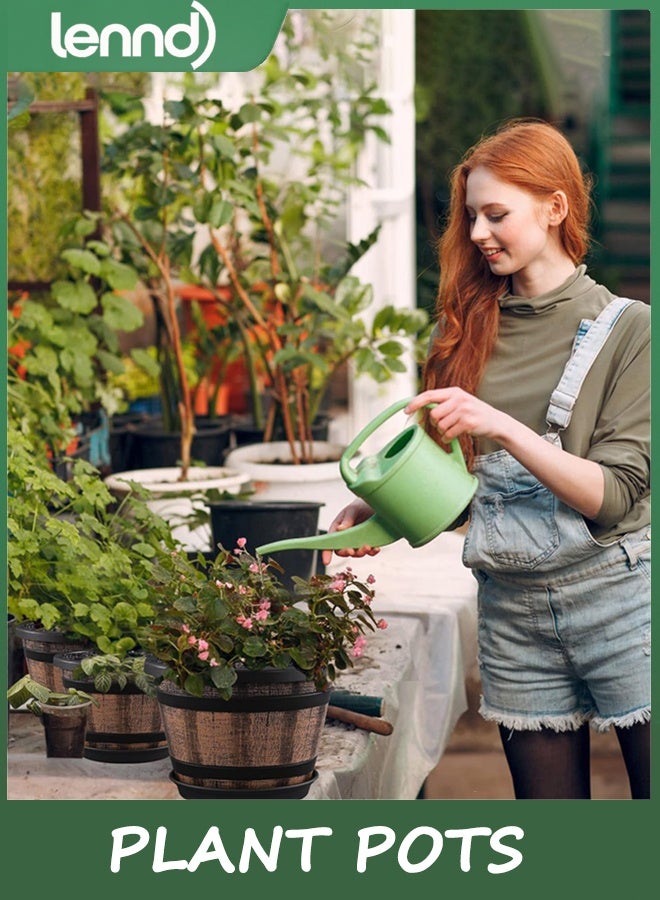 LENND 3 Pack 25.4CM Plant Pots,Whiskey Barrel Planters with Drainage Holes & Saucer, Plastic Decoration Flower Pots Imitation Wine Barrel Design, for Indoor & Outdoor Garden Home Plants (Brown) - Image 4