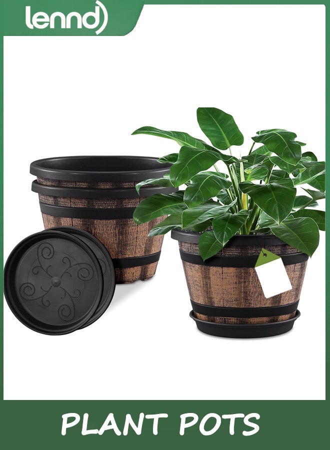 LENND 3 Pack 25.4CM Plant Pots,Whiskey Barrel Planters with Drainage Holes & Saucer, Plastic Decoration Flower Pots Imitation Wine Barrel Design, for Indoor & Outdoor Garden Home Plants (Brown) - Image 1