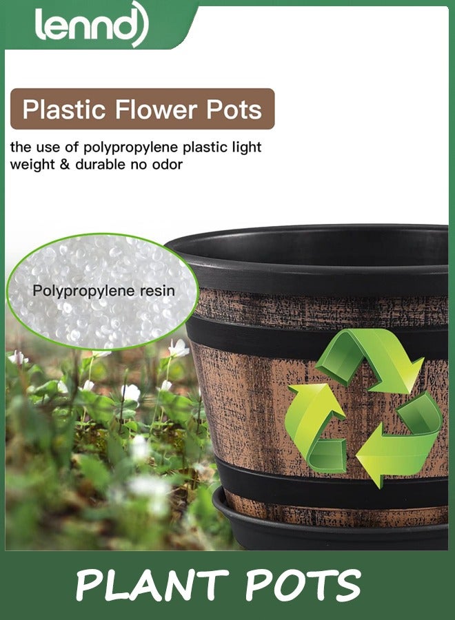 LENND 3 Pack 25.4CM Plant Pots,Whiskey Barrel Planters with Drainage Holes & Saucer, Plastic Decoration Flower Pots Imitation Wine Barrel Design, for Indoor & Outdoor Garden Home Plants (Brown) - Image 5
