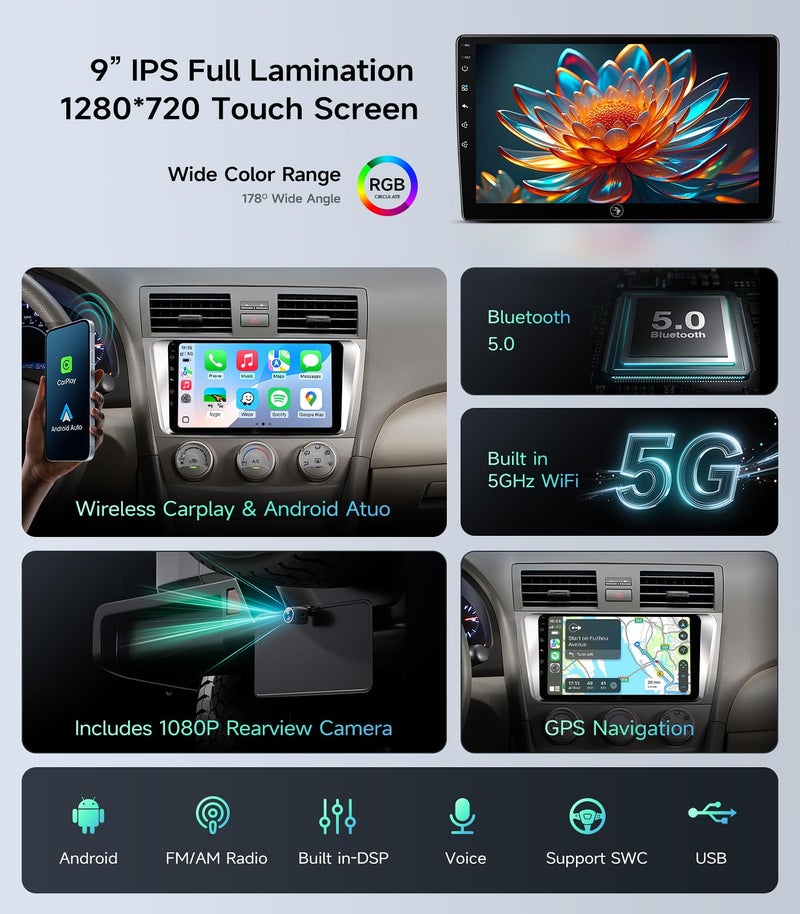 AINAVIGO 5G WiFi Android Car Stereo for Toyota Camry 2006 2007 2008 2009 2010 2011, 9 Inch IPS HD Touch Screen Car Radio Wireless CarPlay Android Auto, GPS FM/SWC Bluetooth 1080P Backup Camera - Image 3