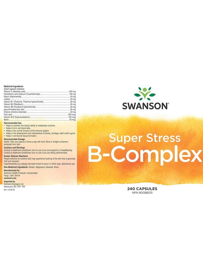 SWANSON Super Stress Bcomplex Vitamin Supplement Formula For Healthy Energy Levels (240 Capsules) - Image 3