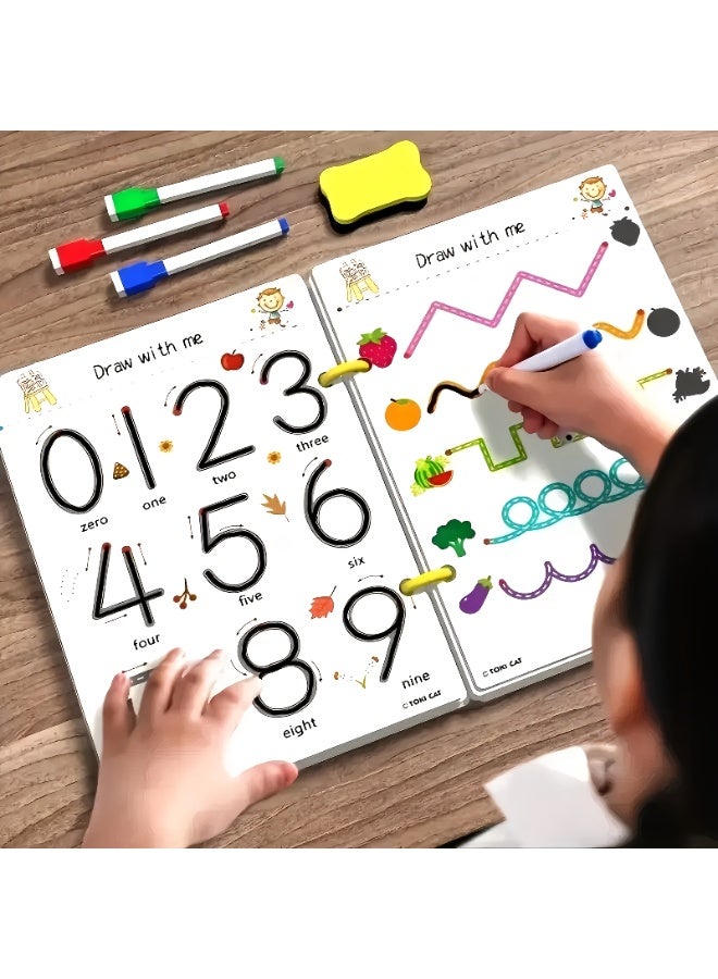 4-in-1 Reusable Tracing Workbook for Kids Ages 3-7 – 144 Pages Erasable Preschool Learning Activity Set – Fine Motor Skills, Pen Control, Math, Drawing, Cognitive Development – Screen-Free Educational Toy for Home & Travel - Image 1