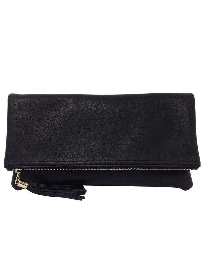JNB Faux Leather Oversize Foldover Clutch With Tassel Black - Image 1