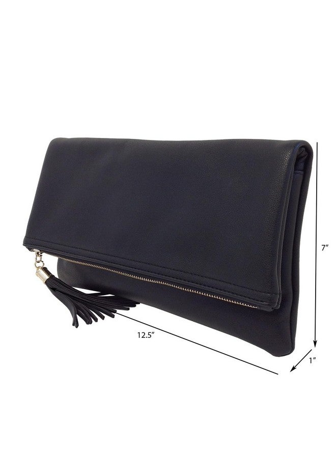 JNB Faux Leather Oversize Foldover Clutch With Tassel Black - Image 3