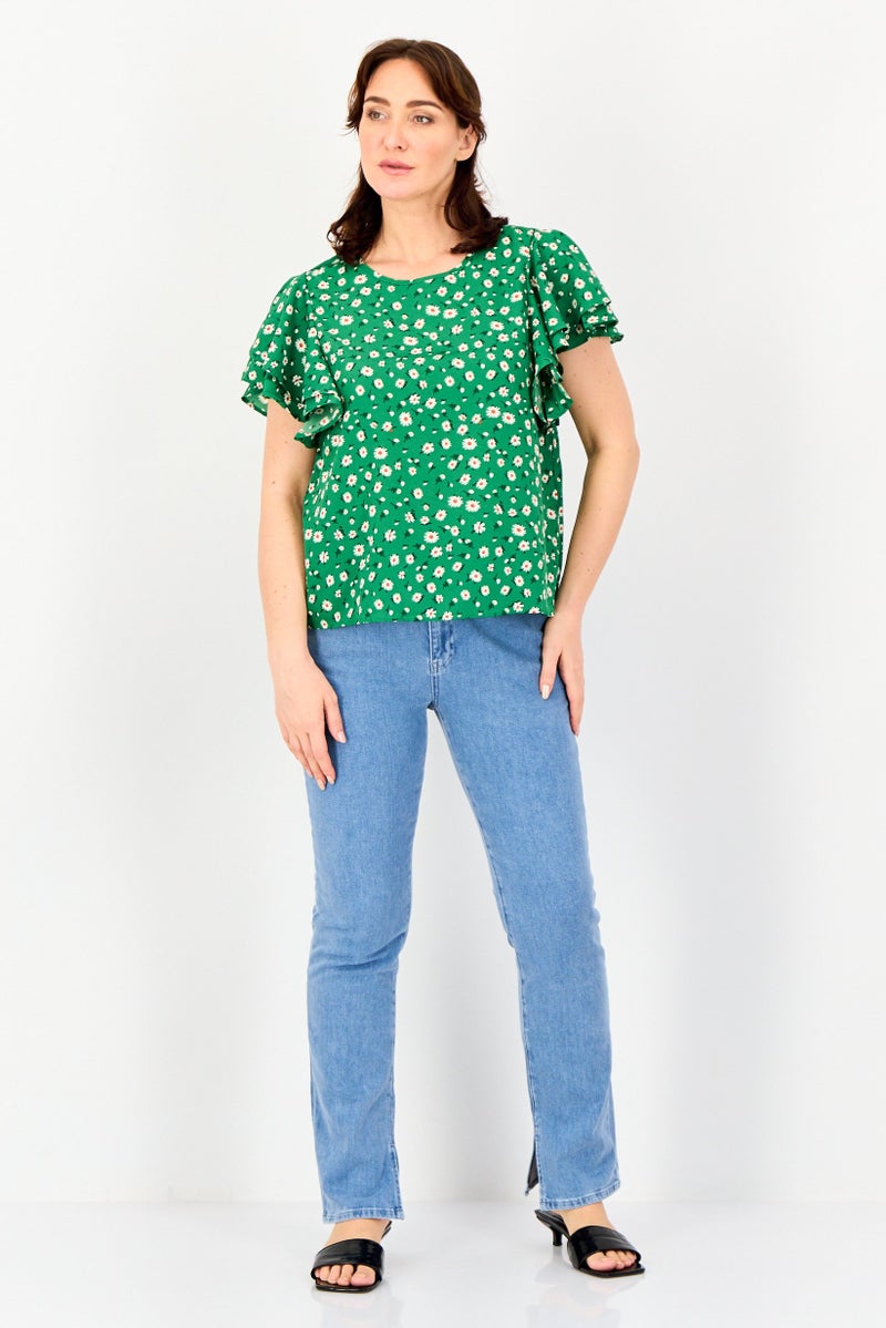 VERO MODA بلوزة مزخرفة بأكمام مرفرفة من فيرو مودة للنساء، عنق دائري، متعددة الألوان - Image 4