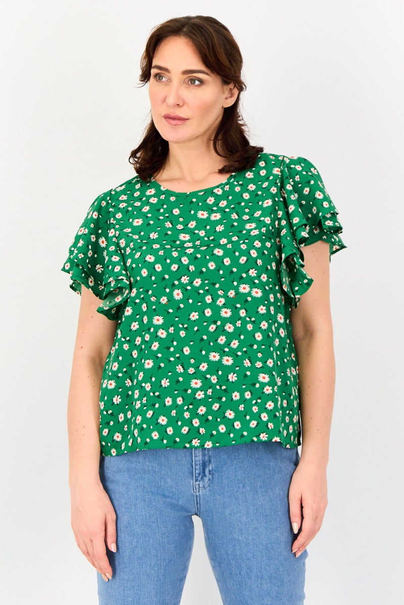 VERO MODA بلوزة مزخرفة بأكمام مرفرفة من فيرو مودة للنساء، عنق دائري، متعددة الألوان - Image 1