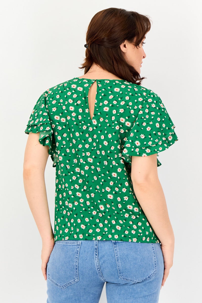 VERO MODA بلوزة مزخرفة بأكمام مرفرفة من فيرو مودة للنساء، عنق دائري، متعددة الألوان - Image 3