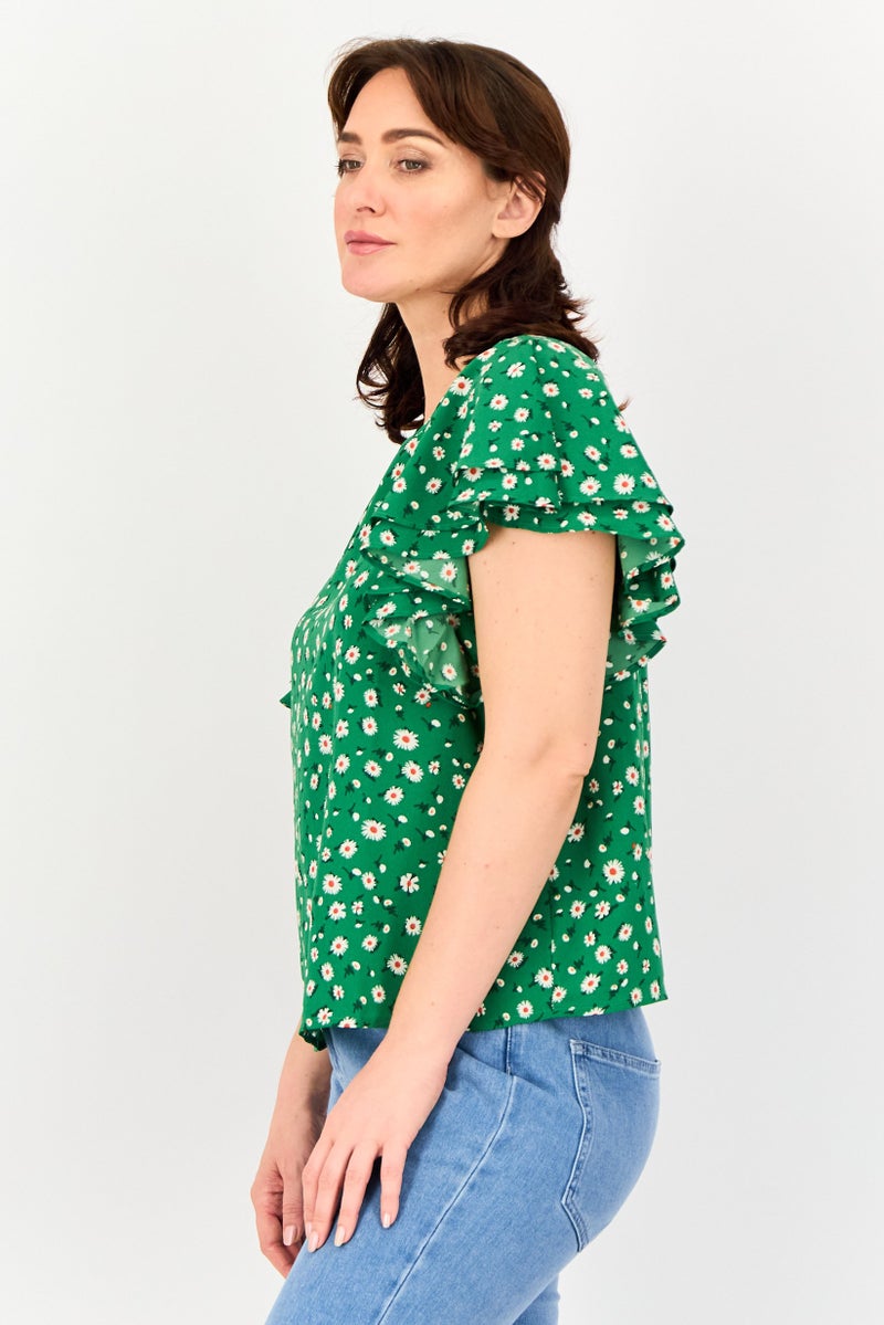 VERO MODA بلوزة مزخرفة بأكمام مرفرفة من فيرو مودة للنساء، عنق دائري، متعددة الألوان - Image 2