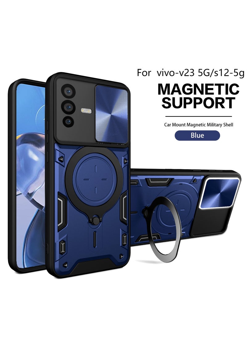 جولدن ماسك لهاتف فيفو في 23 5جى/اس 12 (Vivo V23 5G/S12) جراب حماية مع باب جرار لحماية عدسة  الكاميرا المدرعة مدمج بزاوية 360 درجة - (ازرق) - Image 2