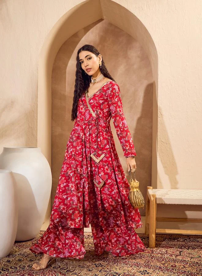 SASSAFRAS Sassafras Red Floral Wrap Anarkali Kurta and Palazzo Pants Set