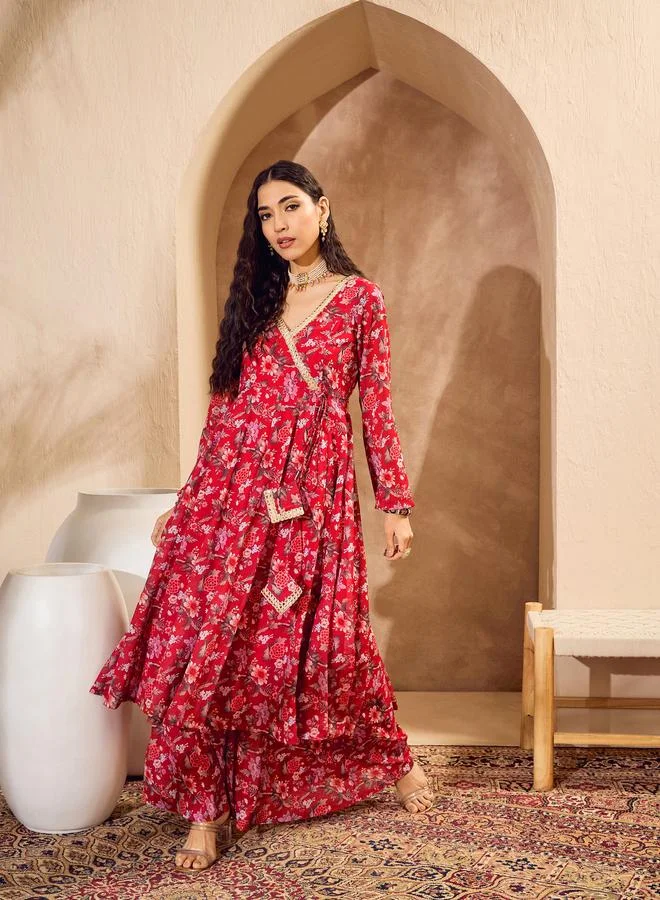 SASSAFRAS Sassafras Red Floral Wrap Anarkali Kurta and Palazzo Pants Set