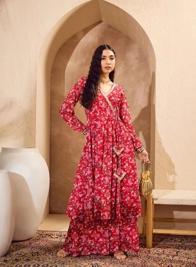 SASSAFRAS Sassafras Red Floral Wrap Anarkali Kurta and Palazzo Pants Set