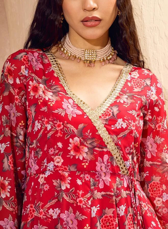 SASSAFRAS Sassafras Red Floral Wrap Anarkali Kurta and Palazzo Pants Set
