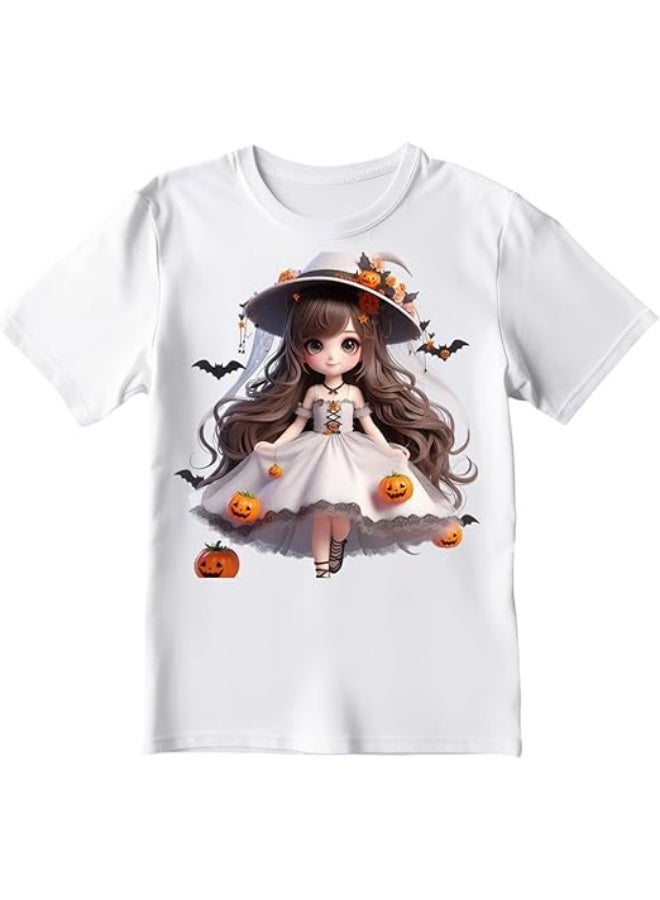Daddy's Angel Halloween Witch Girl Graphic T-Shirt – Cute Pumpkin & Bat Print Top for Kids | White Short Sleeve Halloween Tee - Image 1