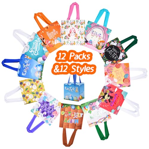 DECHISY 12Pack Easter Bags with Handles, Easter Gift Bags for Kids, 12 Styles Easter Egg Hunt Bags, Non-Woven Easter Bunny Bags, Happy Easter Bag for Egg Hunt Game, Easter Party Favors 8.3"×7.9"×5.9" - Image 4