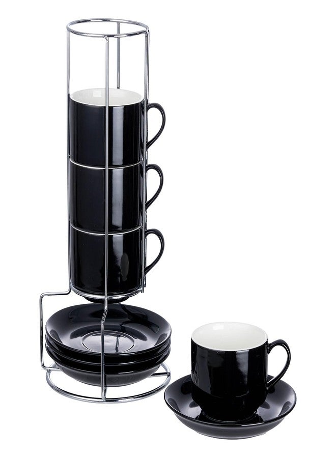 CHILDIKE 8oz Porcelain Cappuccino Cups with Saucers and Metal Stand, Stackable Coffee Cups for Specialty Coffee Drinks, Cappuccino, Latte, Espresso, Americano and Tea - Cups Set of 4, Black - Image 1