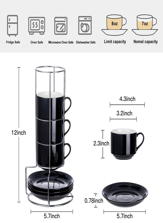 CHILDIKE 8oz Porcelain Cappuccino Cups with Saucers and Metal Stand, Stackable Coffee Cups for Specialty Coffee Drinks, Cappuccino, Latte, Espresso, Americano and Tea - Cups Set of 4, Black - Image 2
