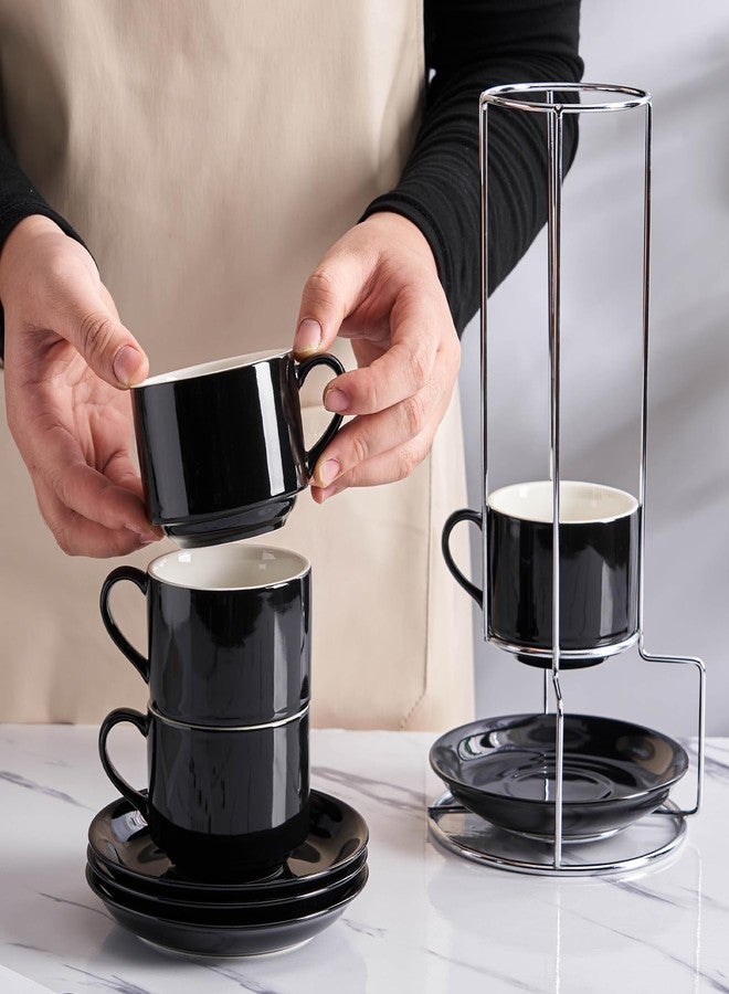 CHILDIKE 8oz Porcelain Cappuccino Cups with Saucers and Metal Stand, Stackable Coffee Cups for Specialty Coffee Drinks, Cappuccino, Latte, Espresso, Americano and Tea - Cups Set of 4, Black - Image 5