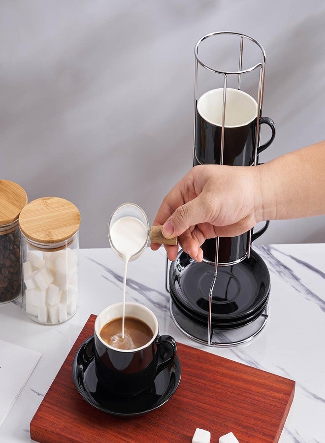 CHILDIKE 8oz Porcelain Cappuccino Cups with Saucers and Metal Stand, Stackable Coffee Cups for Specialty Coffee Drinks, Cappuccino, Latte, Espresso, Americano and Tea - Cups Set of 4, Black - Image 3