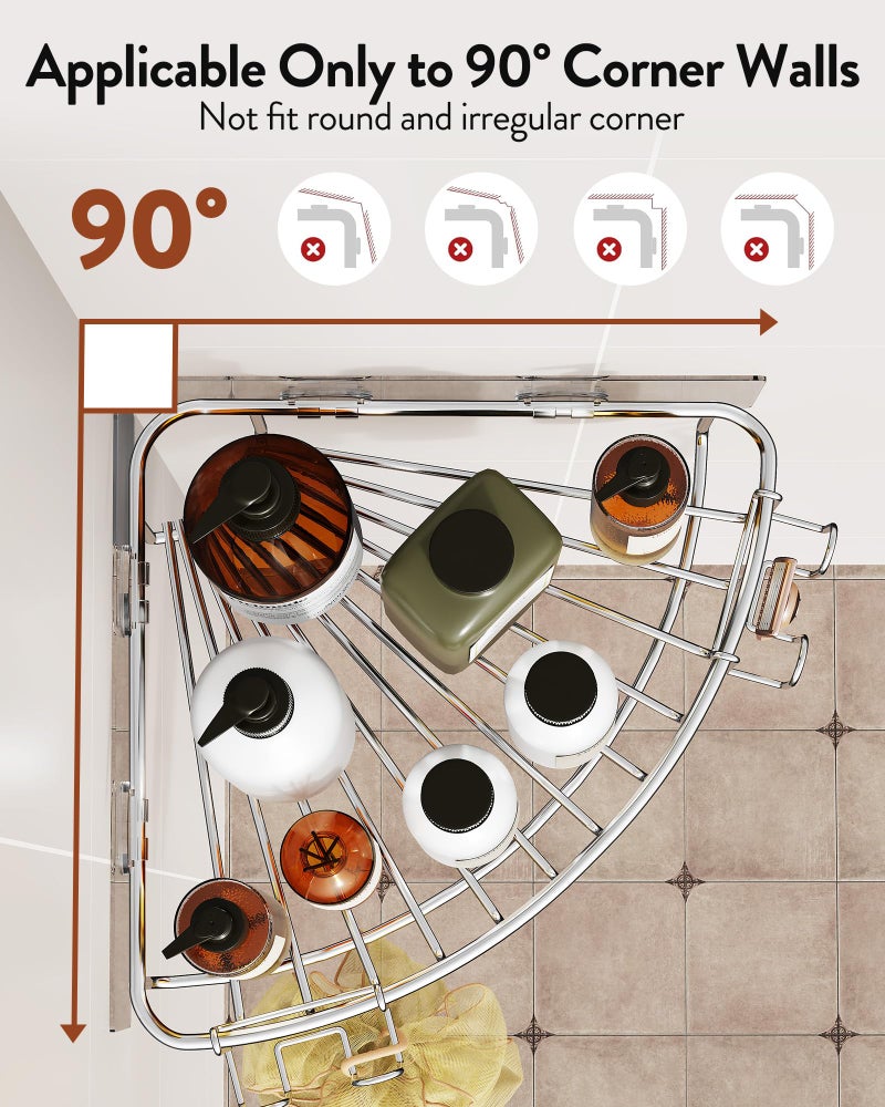 Orimade Corner Shower Caddy Stainless Steel with Hooks Wall Mounted Bathroom Shelf Storage Organizer Adhesive No Drilling 2 Pack, Silver Only for 90-Degree Corner - Image 3