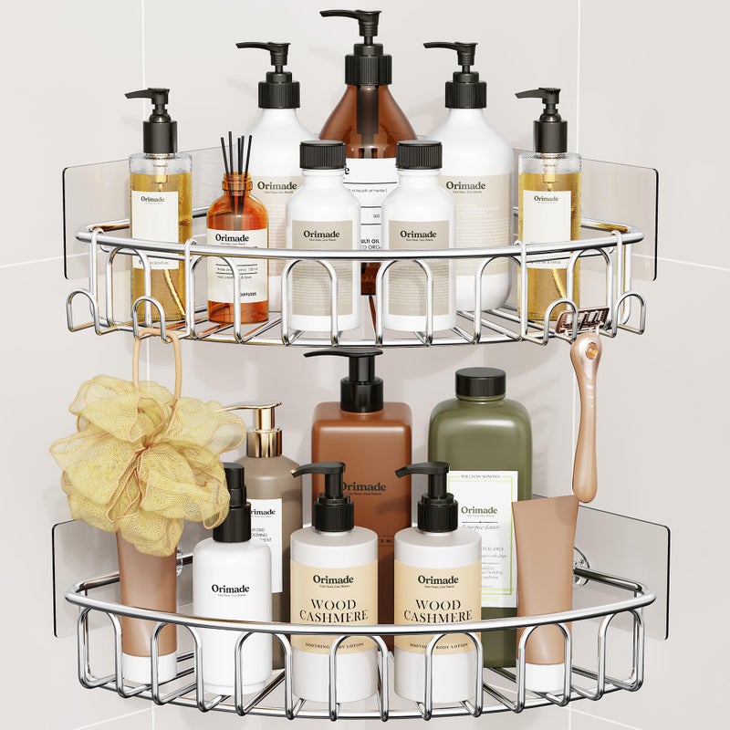 Orimade Corner Shower Caddy Stainless Steel with Hooks Wall Mounted Bathroom Shelf Storage Organizer Adhesive No Drilling 2 Pack, Silver Only for 90-Degree Corner - Image 1