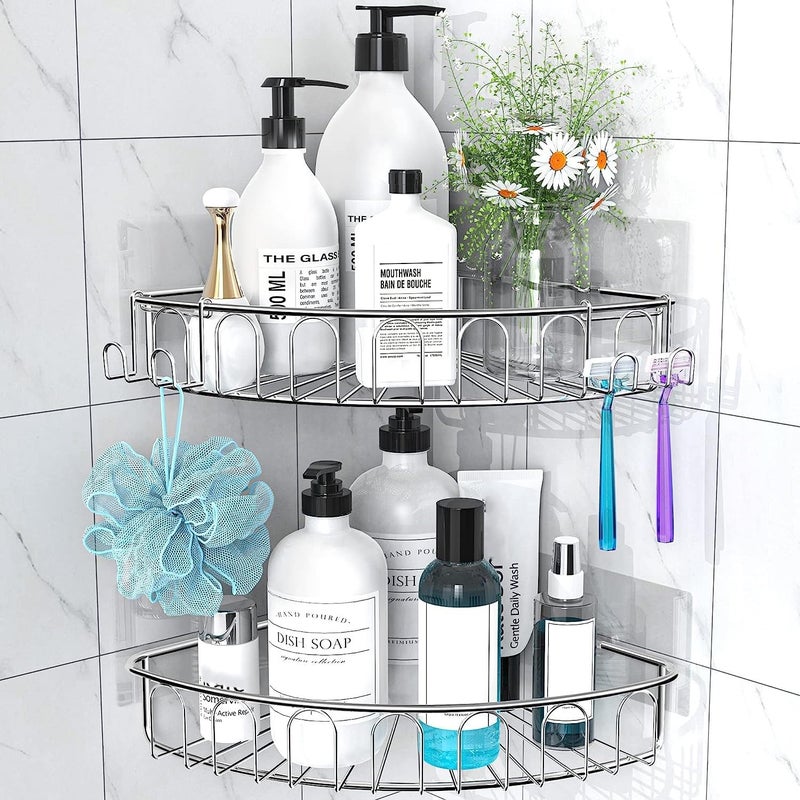 Orimade Corner Shower Caddy Stainless Steel with Hooks Wall Mounted Bathroom Shelf Storage Organizer Adhesive No Drilling 2 Pack, Silver Only for 90-Degree Corner - Image 2