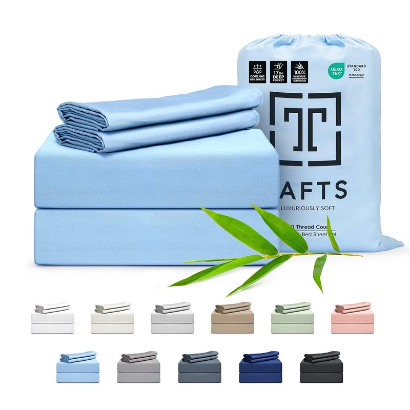 Tafts Tafts CaliKing Sheets Set Pure 100 Viscose derived from Bamboo Bed Sheets Set Luxuriously Soft Silky Cooling Sheets Double Stitched Lifetime Quality Promise Sky Blue 