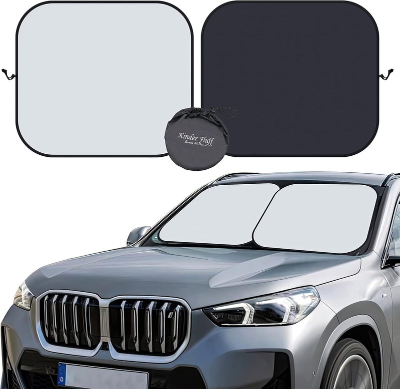 Windshield Sunshade| Reflective Patented Car Sun Protection - Certified 99% UVR Block -Cool Interior | Foldable 2-Piece Sun Cover | Automotive Accessories for Summer Heat | Standard Size - Image 1