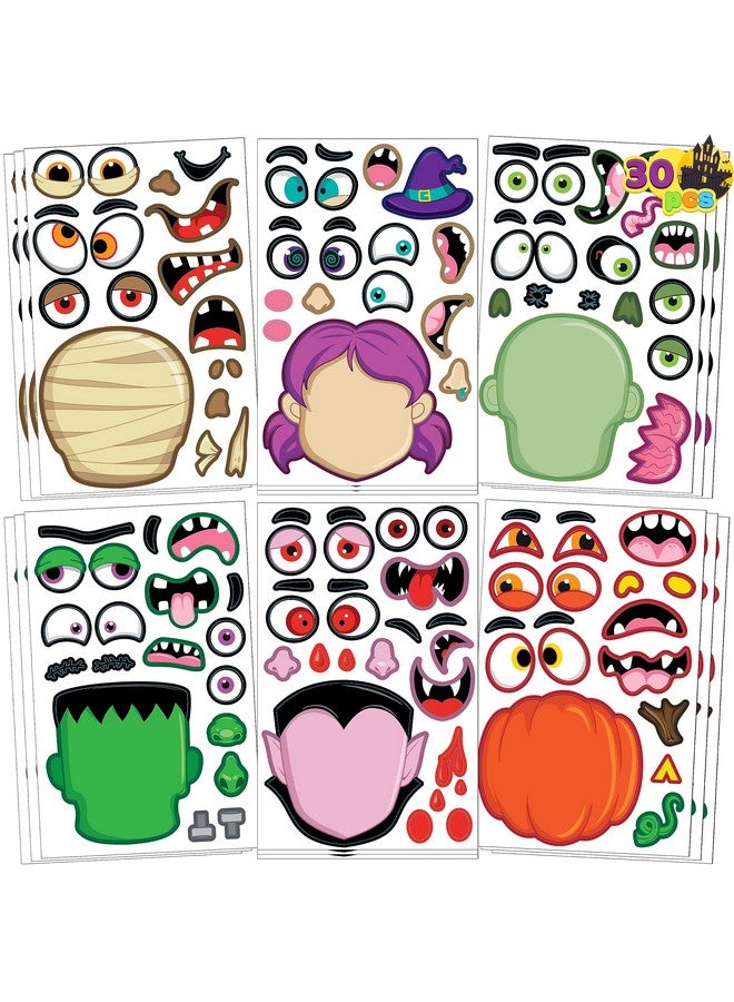 JOYIN 30 قطعة ملصقات صنع وجه للهالوين للأطفال، هدايا حفلة الهالوين، مستلزمات الحرف الحفلات، أوراق ملصقات الخريف مع 6 تعبيرات وجه مختلفة، أنشطة فنون الصف، ألعاب الحلوى - Image 1