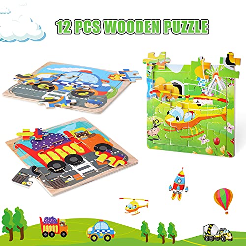 SANNIX 12 Pack Wooden Jigsaw Puzzles for Toddlers 3 4 5 Years Old, Party Favors Transportation Jigsaw for Kids, Educational Puzzles Travel Toy with 12 Organize Bags - Image 5