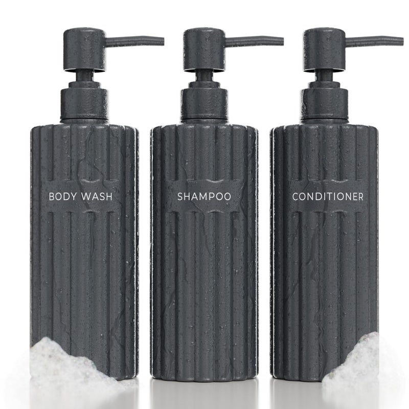 Stylish Shampoo and Conditioner Dispenser Set of 3 Modern 19oz Shower Soap Bottles with Pump and Labels Easy to Refill Body Wash Dispensers for an Instant Bathroom Decor Upgrade