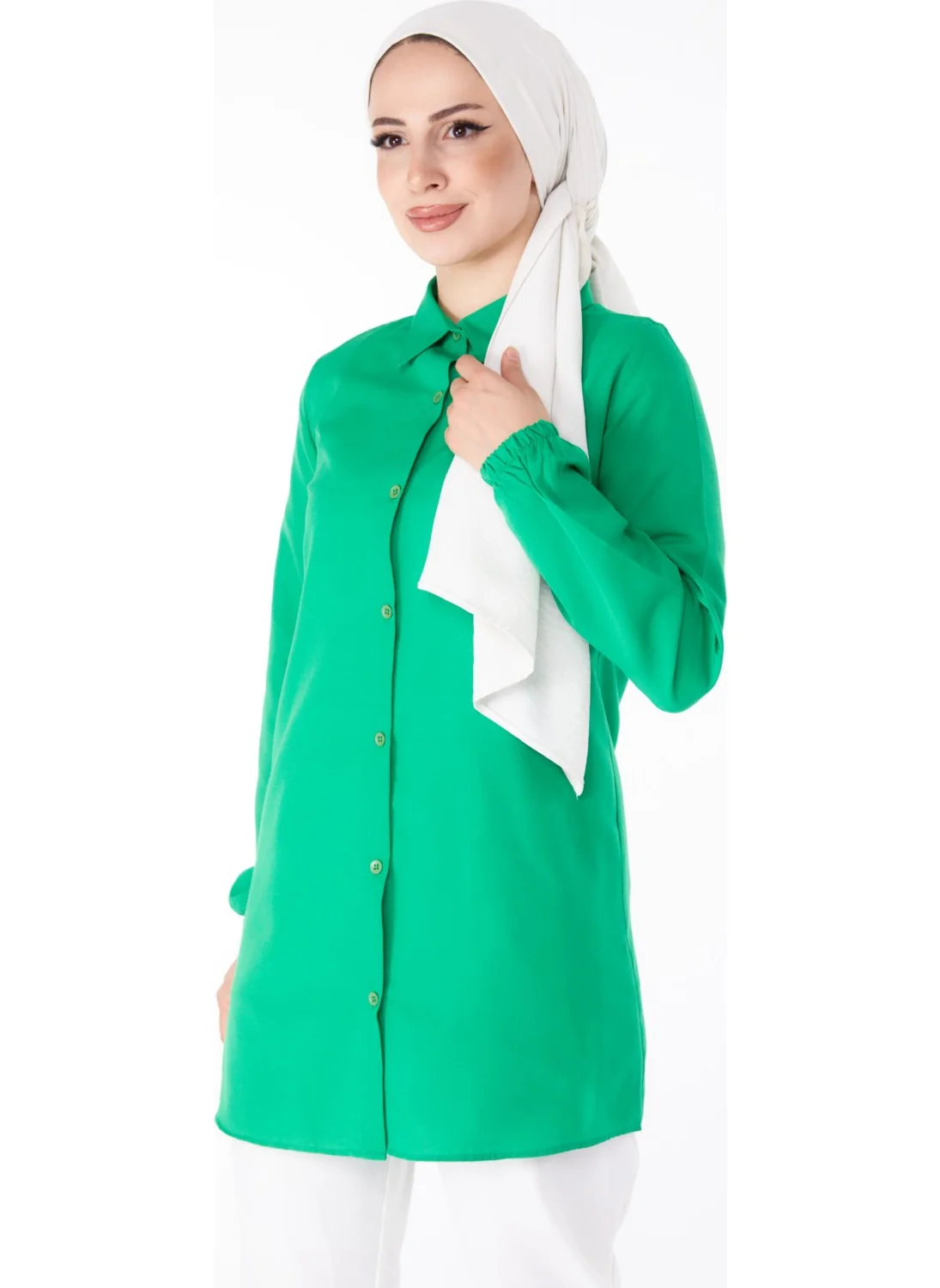 Tofisa Plain Shirt Collar Women's Green Tunic - 13126