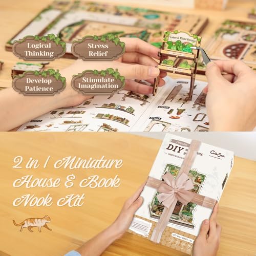 CuteBee مجموعة كتاب نُوك كيوتبي - مجموعة منزلية مصغرة للألعاب اليدوية للبالغين والمراهقين، ديكور رف كتب منزل صغير ثلاثي الأبعاد من الخشب، هدايا للعائلة والأصدقاء (جرين لايف بوك شوب) - Image 5