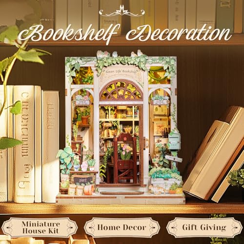 CuteBee مجموعة كتاب نُوك كيوتبي - مجموعة منزلية مصغرة للألعاب اليدوية للبالغين والمراهقين، ديكور رف كتب منزل صغير ثلاثي الأبعاد من الخشب، هدايا للعائلة والأصدقاء (جرين لايف بوك شوب) - Image 2