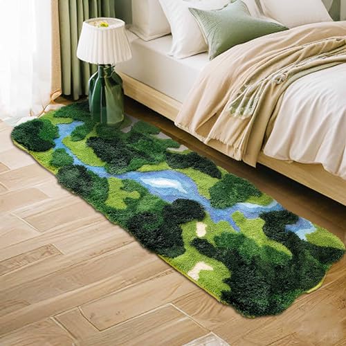 THRILRUG 24"×68" Moss Hallway Runner Rug,Shag Carpet Leaf Bedroom Rugs Non Slip Bath Mat Laundry Rug Runner,Ultra Soft WashablePlant Leaves Shaped Kids Bedside Dorm Rug for Bedroom,Living Room Green - Image 1