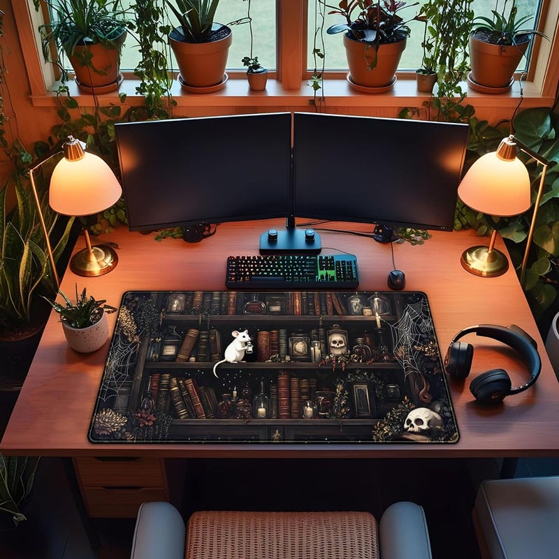 YKJWW Dark Witchy Desk Mat Gaming Desk Pad Large Mouse Pad, Magician'S Fantasy Bookcase Gothic Mouse Mat XXL Laptop Keyboard Pad, Laptop Keyboard and Mouse Mat Desktop Protector Mat 31.5 X 15.7 in - Image 4