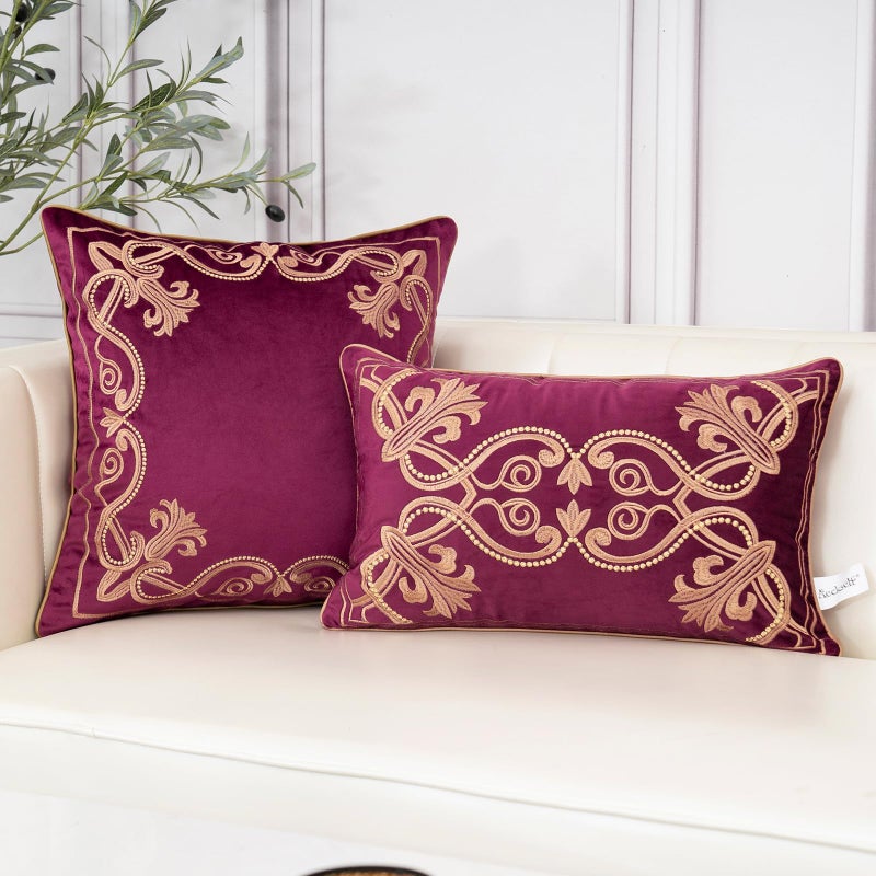 Aeckself Floral Pillow Cover 12x20 Inch, Luxury Velvet Embroidered Decorative Lumbar Throw Pillow Cover for Couch Bedroom Living Room, Burgundy Red and Gold, Yw-OBYG-Red3050 - Image 4