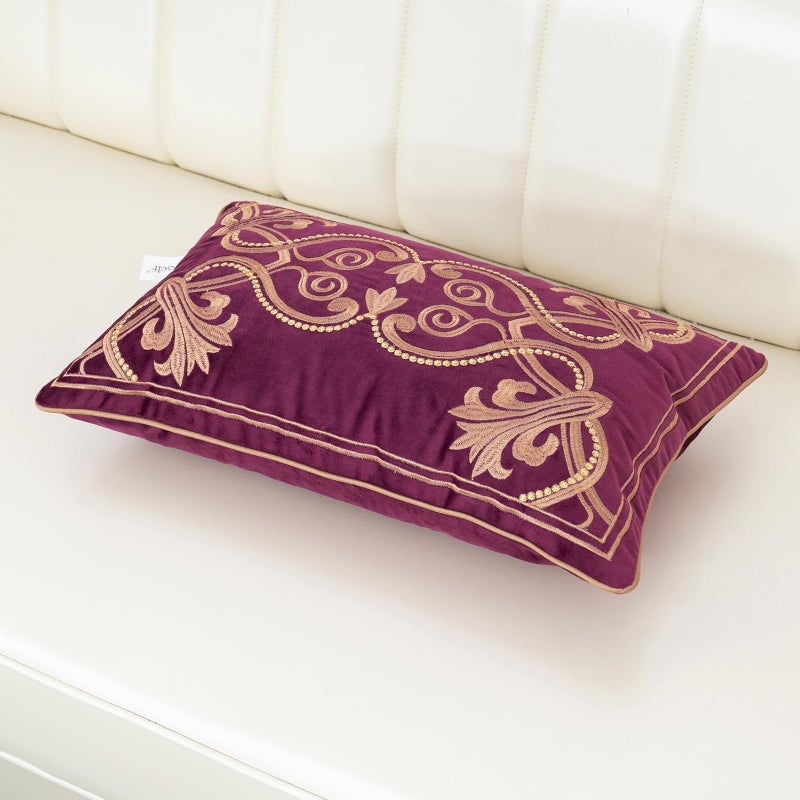 Aeckself Floral Pillow Cover 12x20 Inch, Luxury Velvet Embroidered Decorative Lumbar Throw Pillow Cover for Couch Bedroom Living Room, Burgundy Red and Gold, Yw-OBYG-Red3050 - Image 3