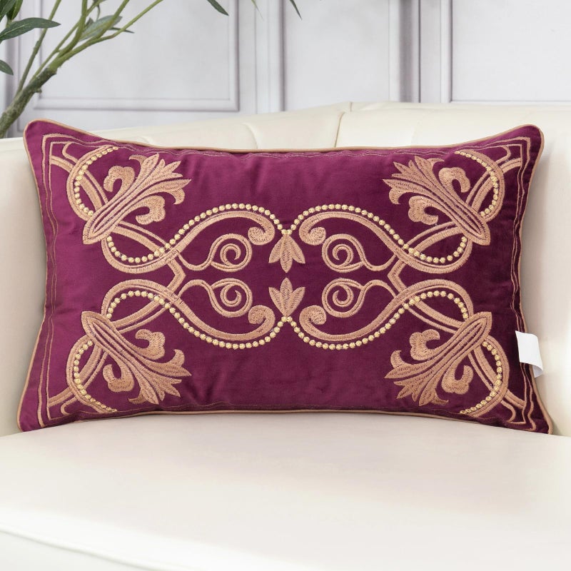Aeckself Floral Pillow Cover 12x20 Inch, Luxury Velvet Embroidered Decorative Lumbar Throw Pillow Cover for Couch Bedroom Living Room, Burgundy Red and Gold, Yw-OBYG-Red3050 - Image 1