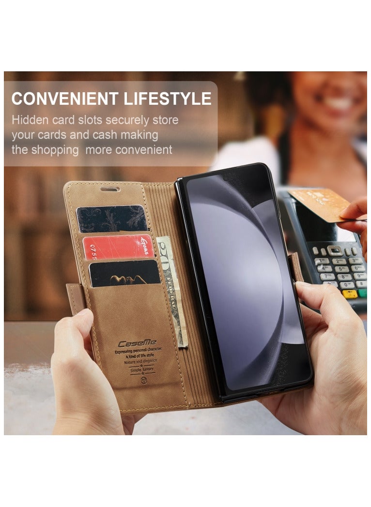 CaseMe Samsung Galaxy Z Fold 4 Case Wallet, for Samsung Galaxy Z Fold 4 Wallet Case Book Folding Flip Folio Case with Magnetic Kickstand Card Slots Protective Cover - Brown - Image 2