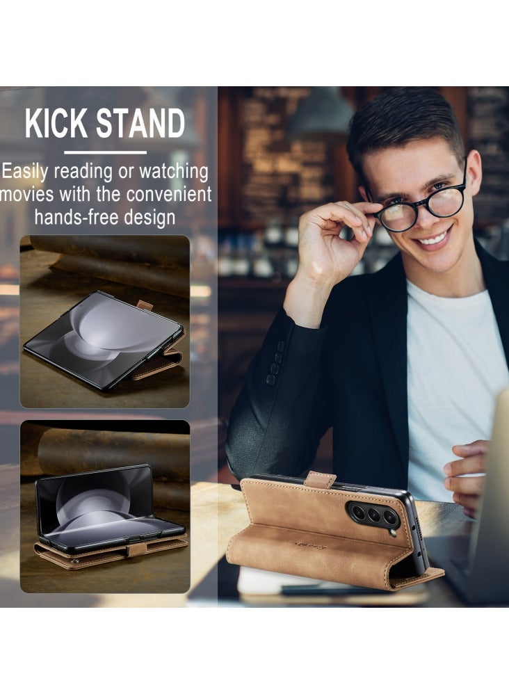 CaseMe Samsung Galaxy Z Fold 4 Case Wallet, for Samsung Galaxy Z Fold 4 Wallet Case Book Folding Flip Folio Case with Magnetic Kickstand Card Slots Protective Cover - Brown - Image 3