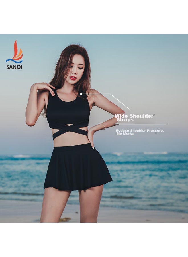 Sanqi Women's Two-piece Swimsuit, Conservative Skirt Style, Slimming Athletic Swimwear For Students And Girls, Hot Spring Swimwear, 19005, Black, Size L - Image 3