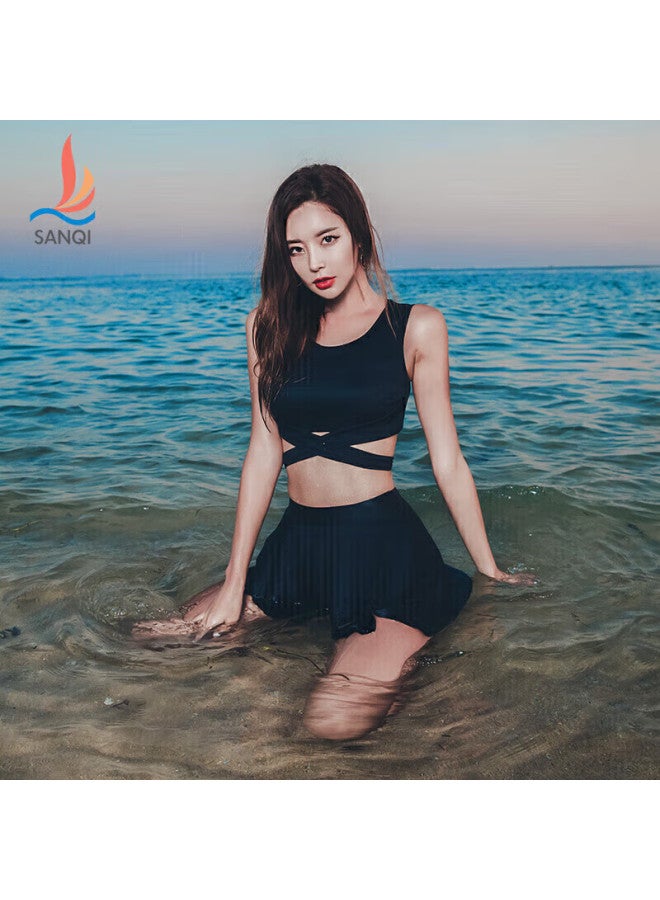 Sanqi Women's Two-piece Swimsuit, Conservative Skirt Style, Slimming Athletic Swimwear For Students And Girls, Hot Spring Swimwear, 19005, Black, Size L - Image 1