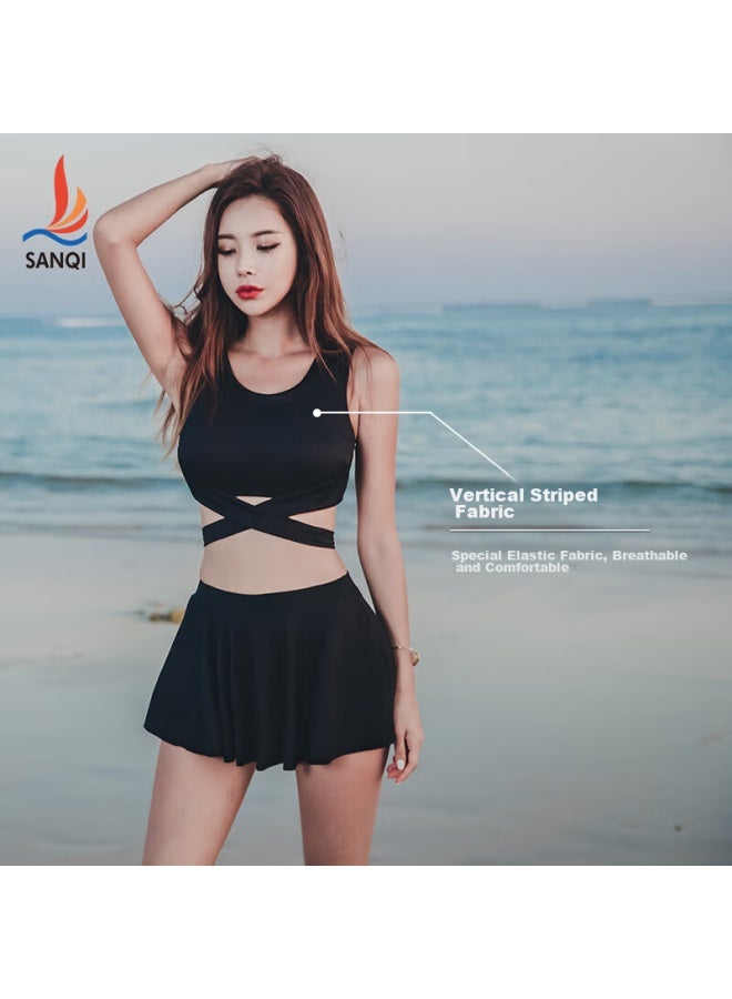 Sanqi Women's Two-piece Swimsuit, Conservative Skirt Style, Slimming Athletic Swimwear For Students And Girls, Hot Spring Swimwear, 19005, Black, Size L - Image 4