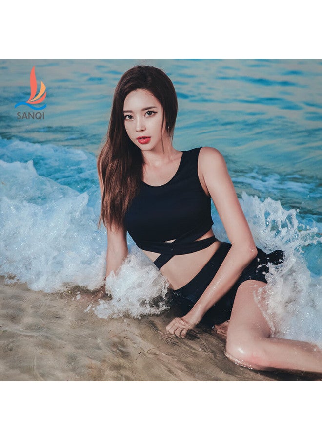 Sanqi Women's Two-piece Swimsuit, Conservative Skirt Style, Slimming Athletic Swimwear For Students And Girls, Hot Spring Swimwear, 19005, Black, Size L - Image 2