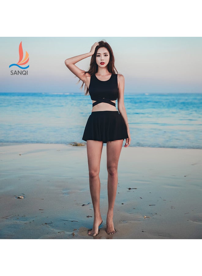 Sanqi Women's Two-piece Swimsuit, Conservative Skirt Style, Slimming Athletic Swimwear For Students And Girls, Hot Spring Swimwear, 19005, Black, Size L - Image 5