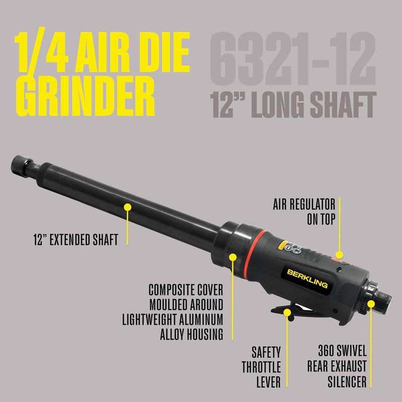 Berkling Tools Berkling BT 6321-12 1/4in Air Die Grinder with 12in Extension, 20,000 RPM, 0.5HP Motor - Image 3